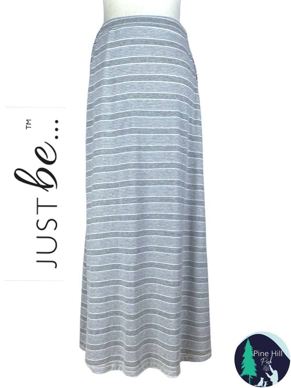 Just Be Maxi Skirt Womens Medium Gray White Striped Casual Boho Stretch Knit